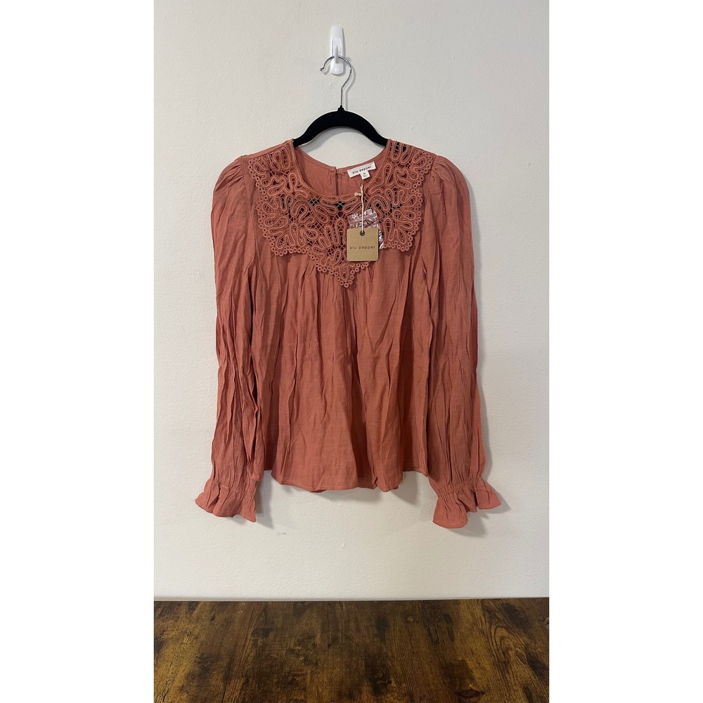 Blu Pepper Terracotta Rust Crochet Lace Bib Long Sleeve Boho Blouse Medium NWT